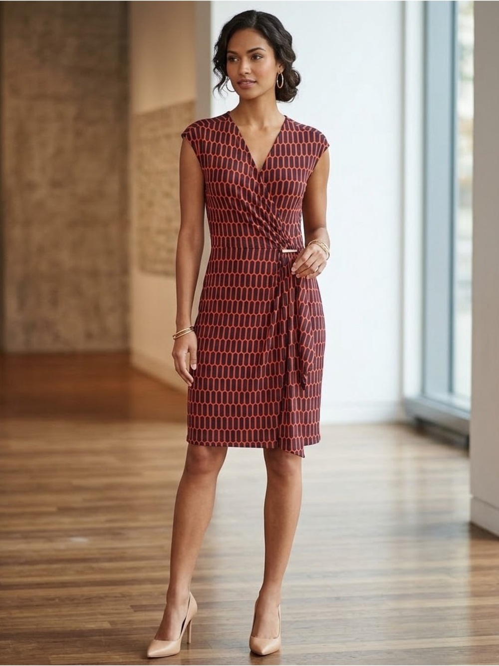 Michael Kors Wrap Dress Size S Navy Red Geometric Gold Buckle Party Cocktail